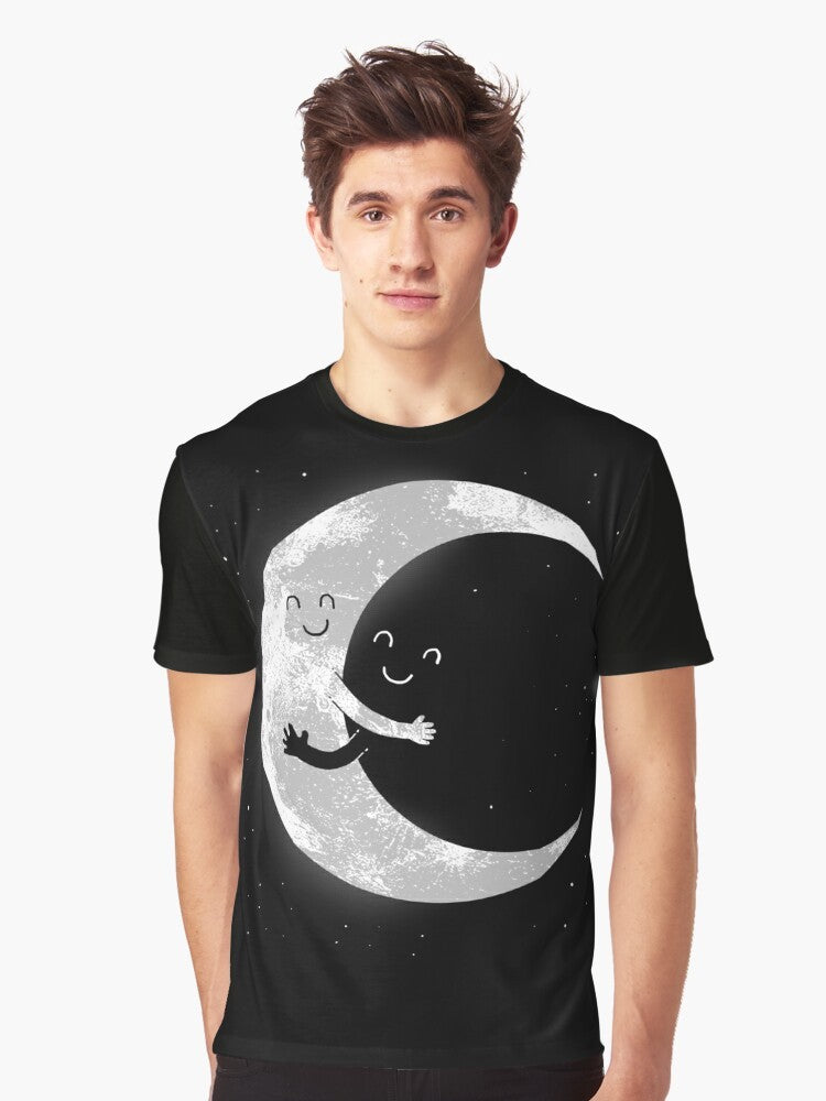 A black and white graphic t-shirt featuring a cute smiley moon design for space and astronomy enthusiasts. - Men