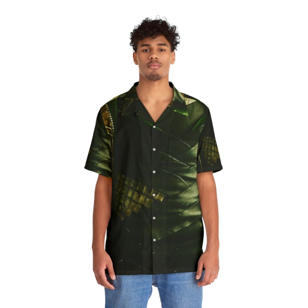 Model wearing a green hawaiian shirt with loki and norse mythology design - People Front