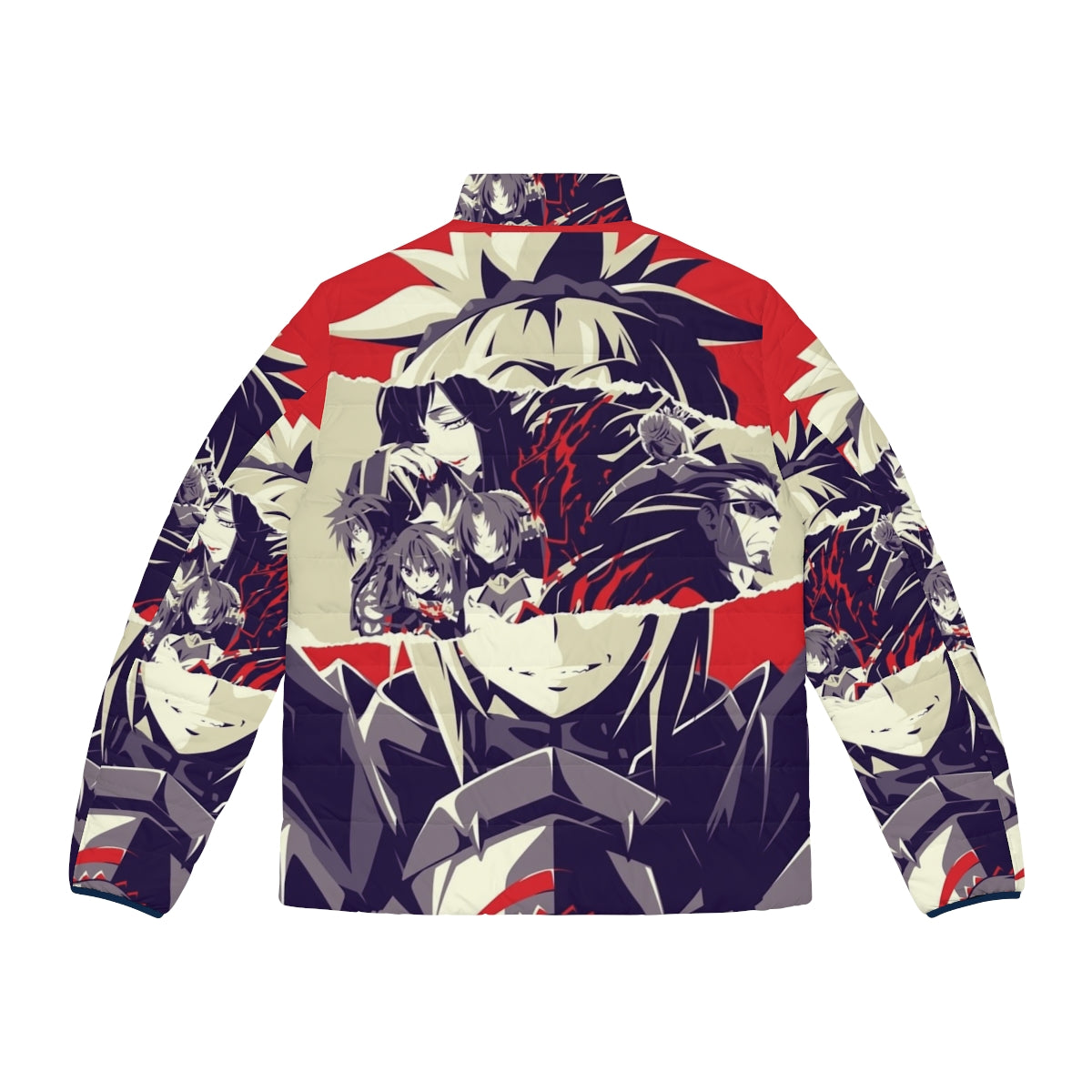 Red puffer jacket featuring characters from the Fate Apocrypha anime series - Back