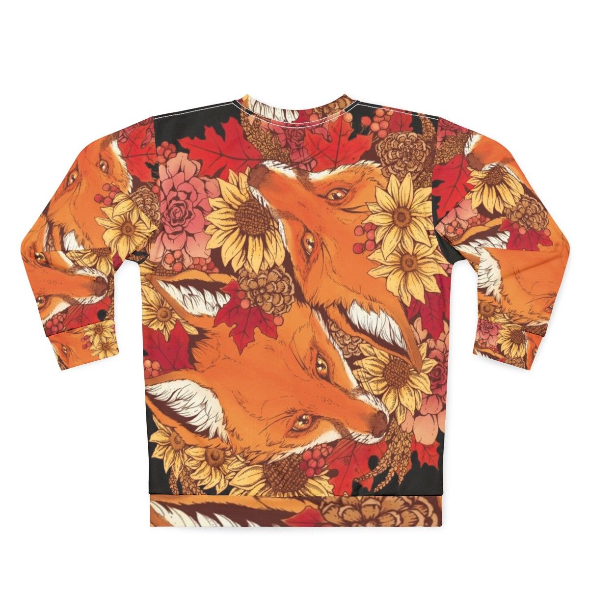 Autumn Fox Bloom Sweatshirt with foxes, sunflowers, and fall leaves - Back