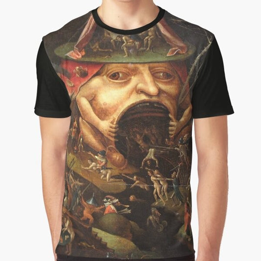 Hieronymus Bosch "Insight into Hell 3" graphic t-shirt featuring a medieval depiction of hell with monsters and religious imagery.