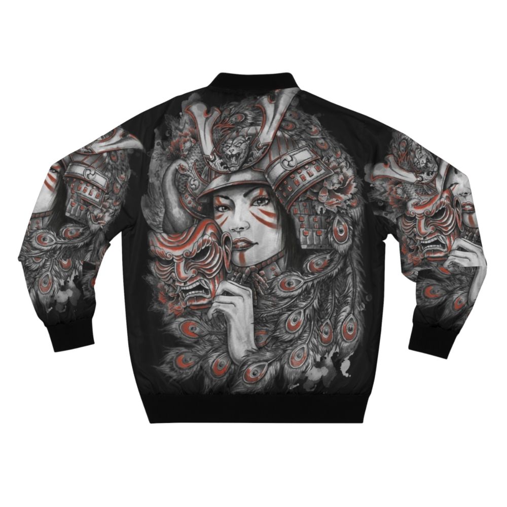 Samurai-inspired bomber jacket with colorful peacock and Japanese design elements - Back