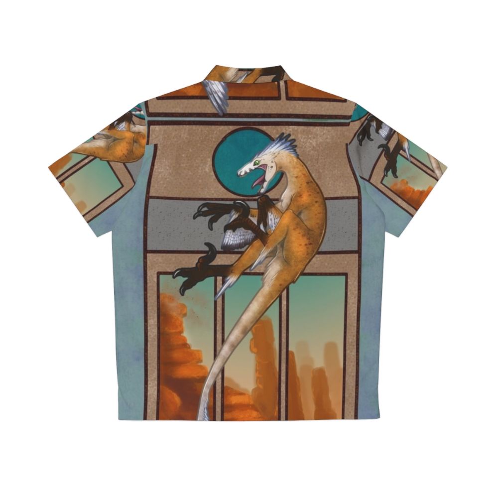 Velociraptor Nouveau Hawaiian Shirt featuring a feathered dinosaur design - Back