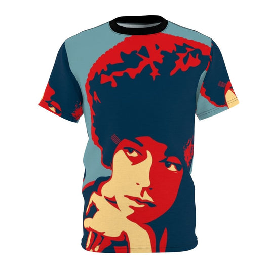 Stylized t-shirt design featuring the image of Angela Davis, an influential African-American activist and scholar.