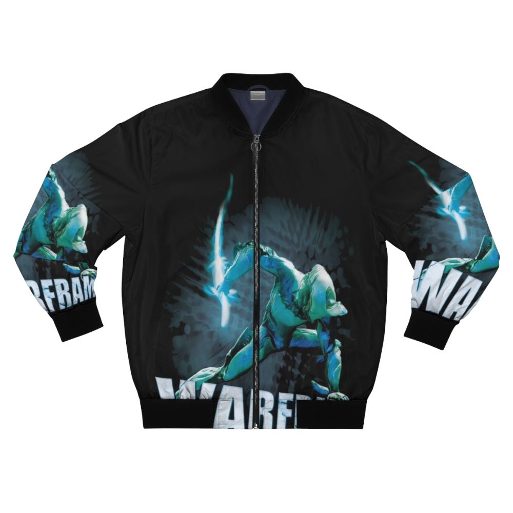 Warframe-themed bomber jacket with game characters and logos