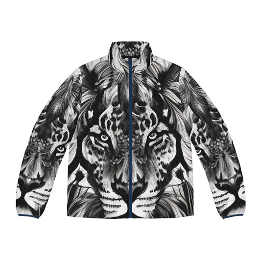 Puffer jacket featuring a vibrant and abstract lion portrait design