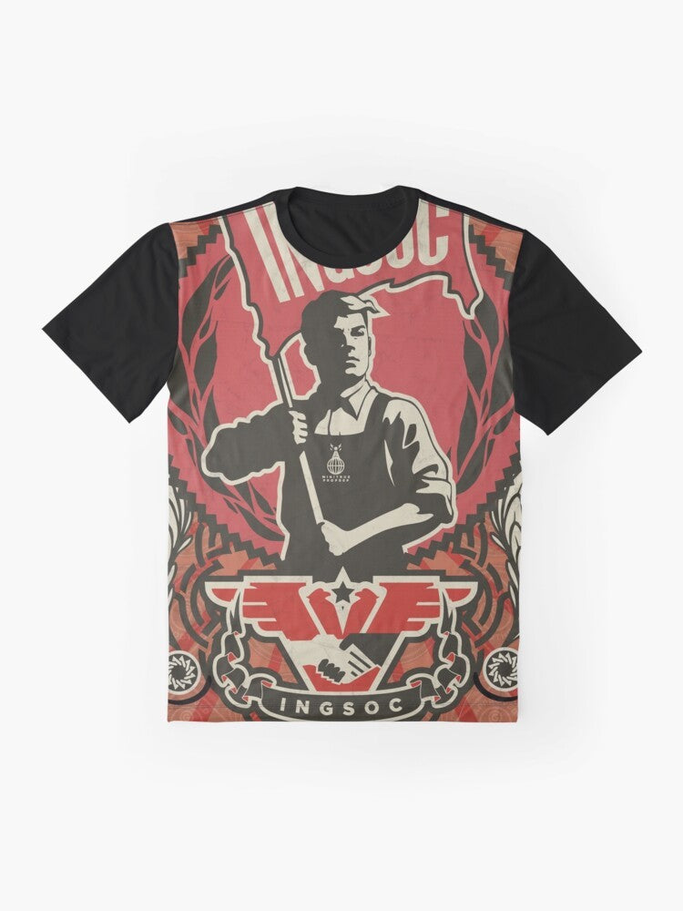 "INGSOC 1984" propaganda-style graphic t-shirt design featuring Big Brother imagery and Orwell references - Flat lay