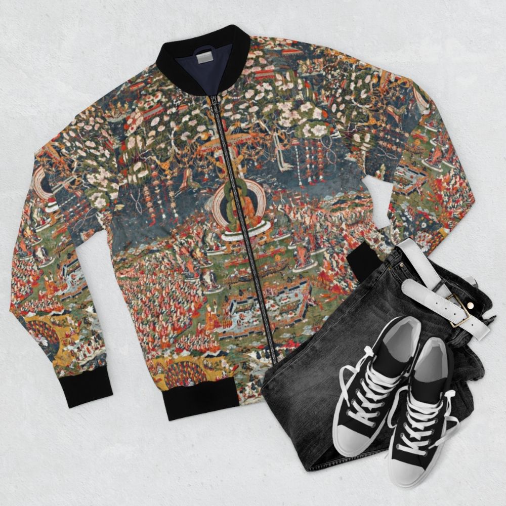 Amitabha Buddha of the Western Pure Land (Sukhavati) Bomber Jacket - Flat lay