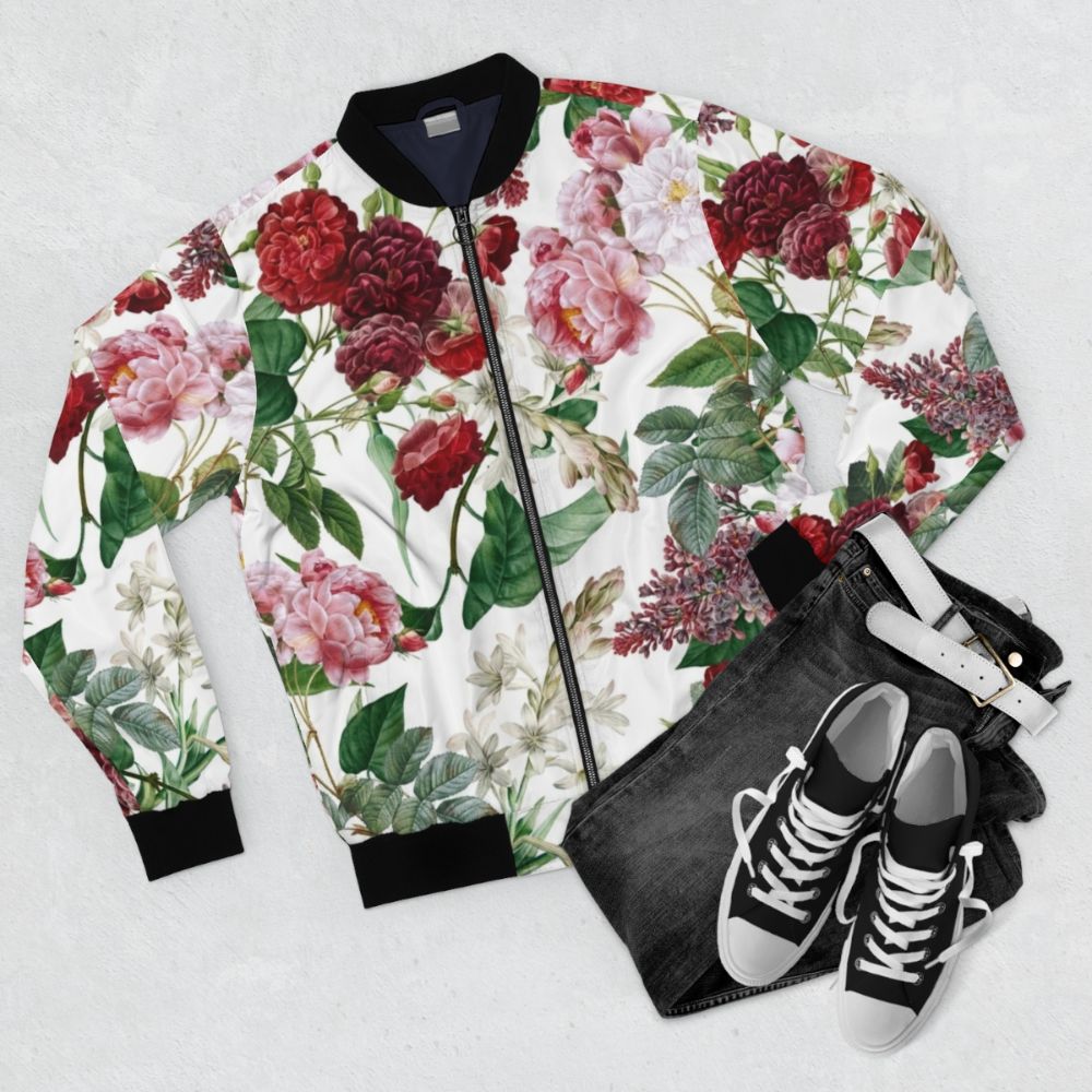 Floral and botanical pattern bomber jacket with vintage, retro design - Flat lay