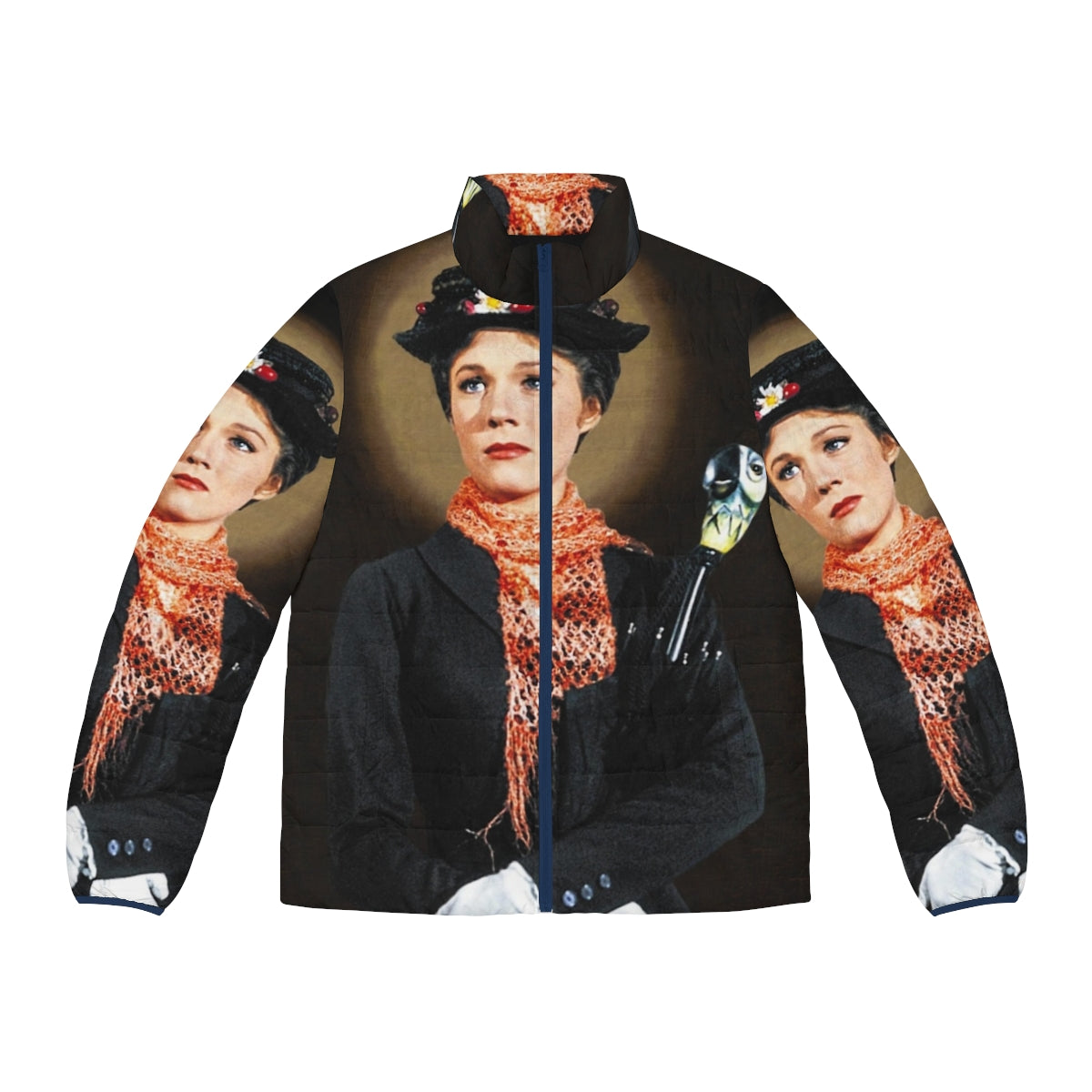 Mary Poppins-inspired puffer jacket with holy mother imagery