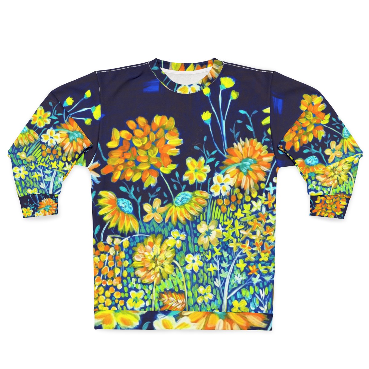 Vibrant spring night floral sweatshirt with indigo blue and yellow daisies