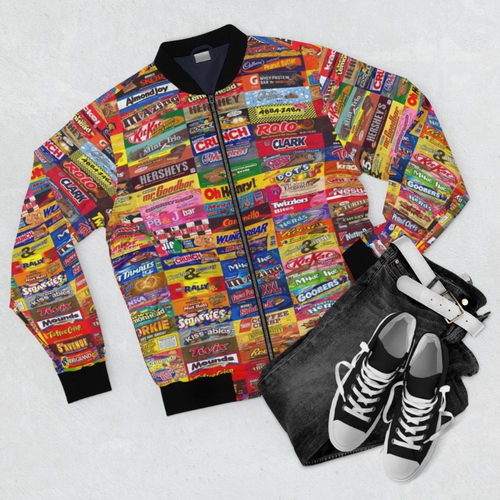 Candy Wrappers Bomber Jacket, featuring a colorful design of various candy wrappers - Flat lay