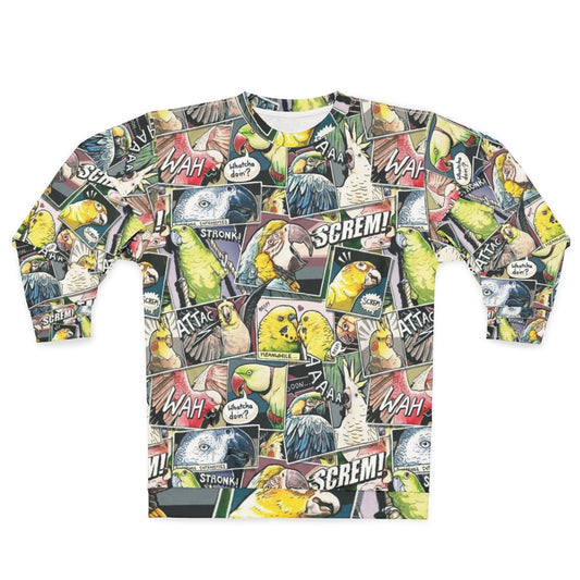 Parrot-themed sweatshirt with a comic-inspired design