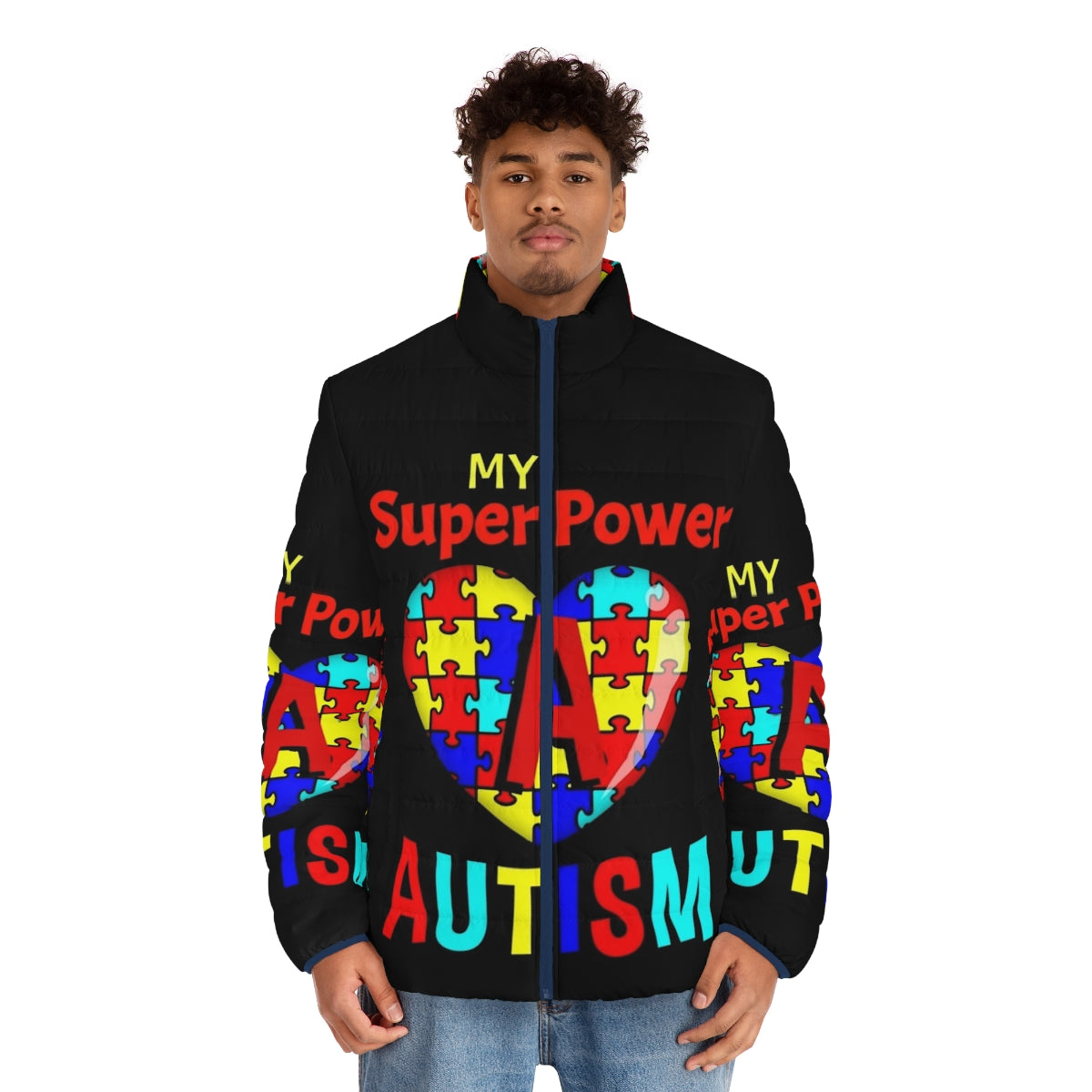 Autism Awareness My Super Power Puffer Jacket with puzzle pieces and heart - men front