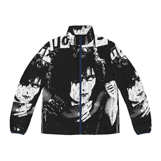 Siouxsie and the Banshees logo printed on a stylish puffer jacket