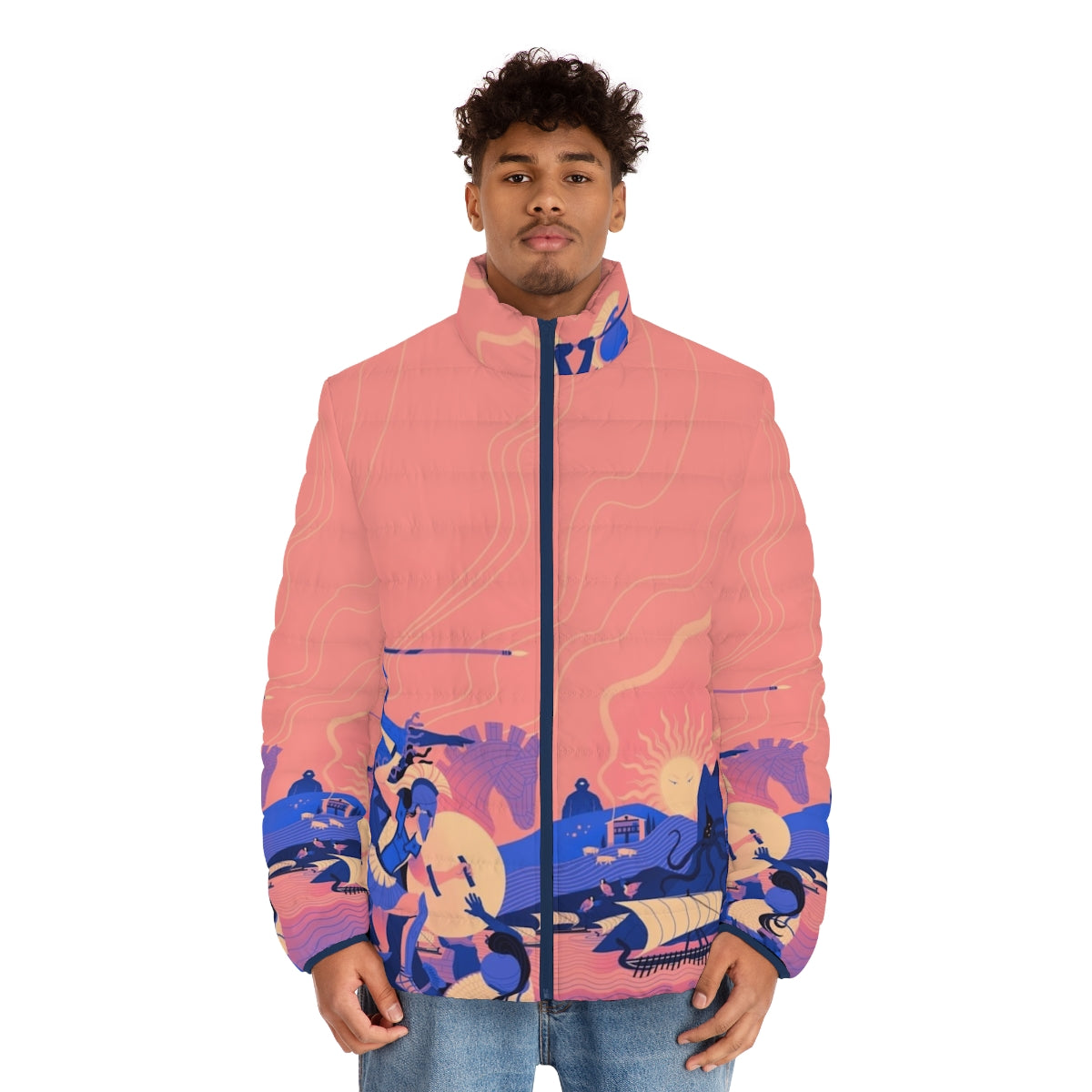 Homeric Landscape Summer Puffer Jacket with Greek Mythology Inspired Design - men front