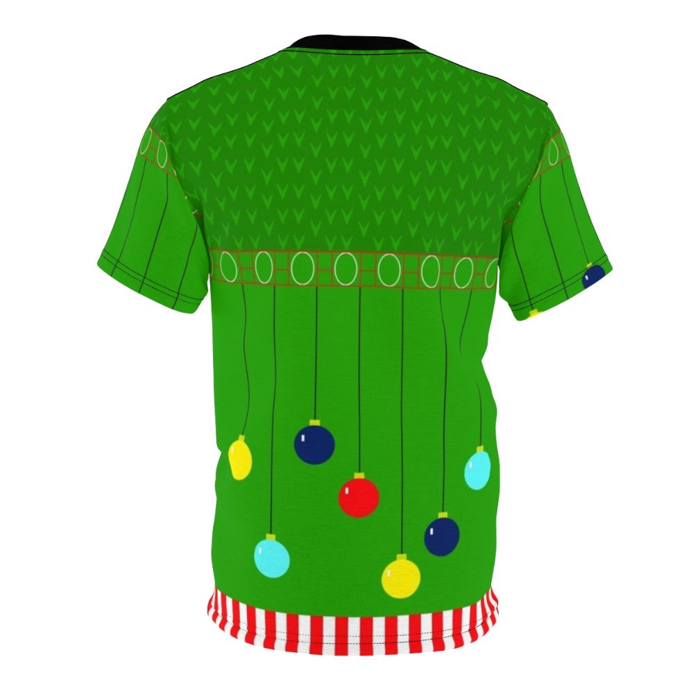 Image of a green and red t-shirt with a bold, festive Arthur Christmas sweater design - Back