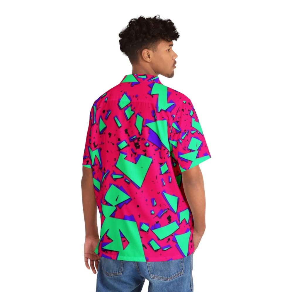 90s Abstract Geometric Pattern Teal and Pink Hawaiian Shirt - Flat lay