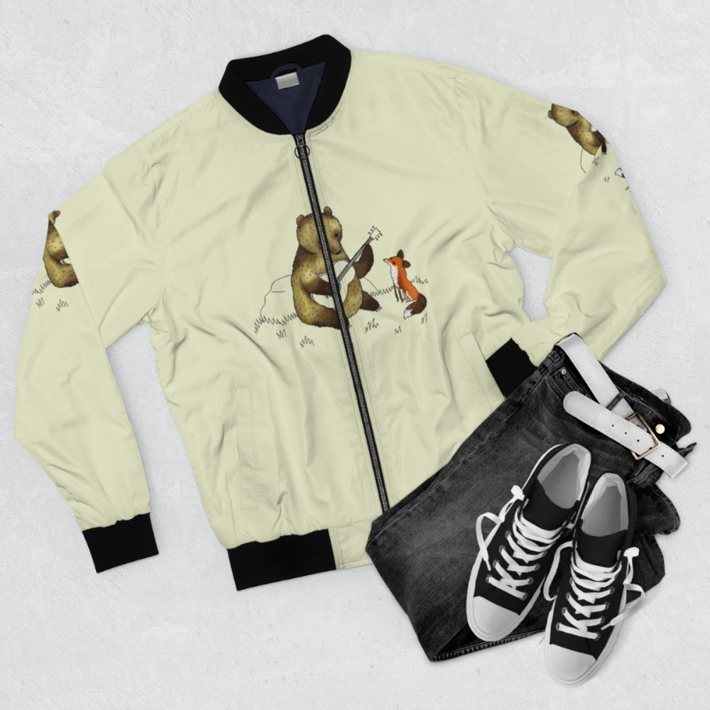 Stylish bear and fox bomber jacket with a nature-inspired design - Flat lay