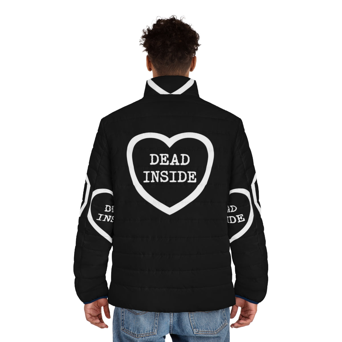 "Dead Inside" puffer jacket with gothic and queer design elements - men back