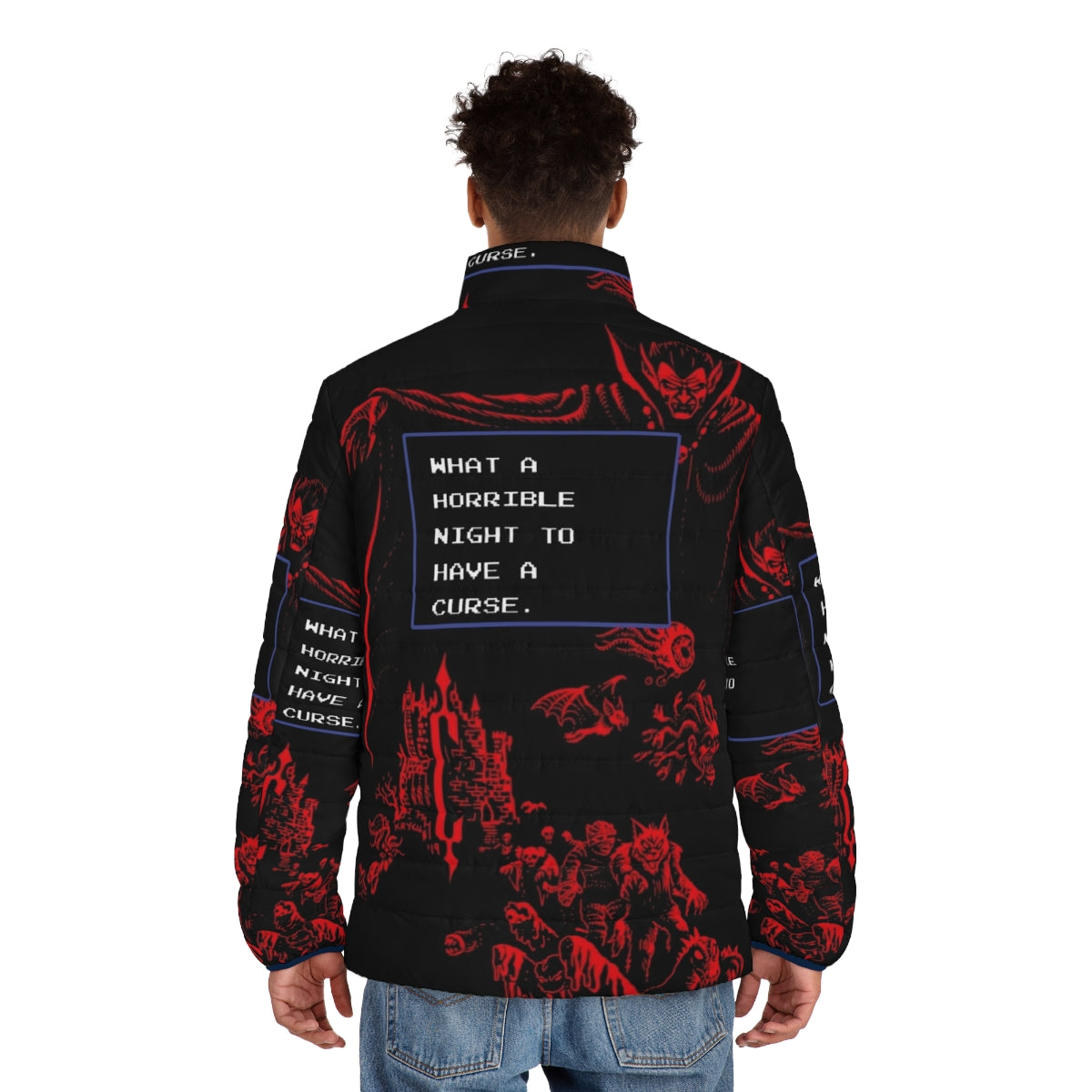 A puffer jacket with a gothic, Castlevania-inspired design featuring Dracula and other iconic horror elements. - men back