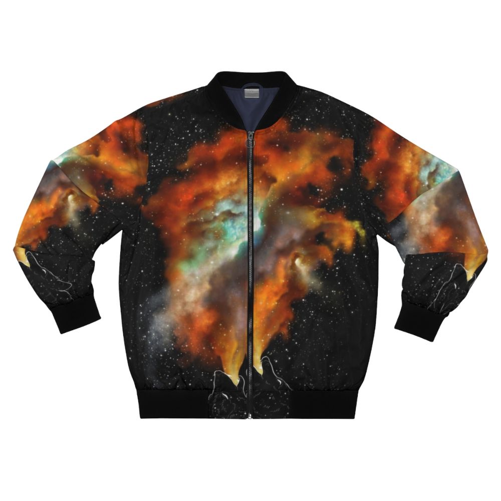 Wolves and Stars Bomber Jacket featuring a galaxy-inspired design with howling wolves and twinkling stars.