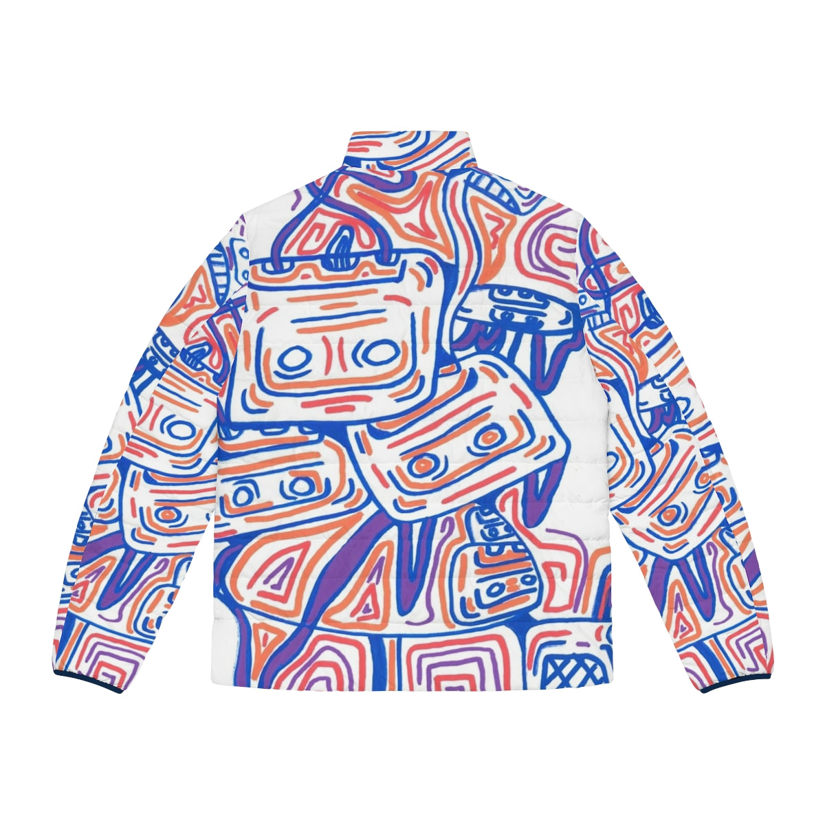 Sikes Tapes Puffer Jacket featuring a graphic design of purple and orange cassette tapes and graffiti-inspired elements - Back