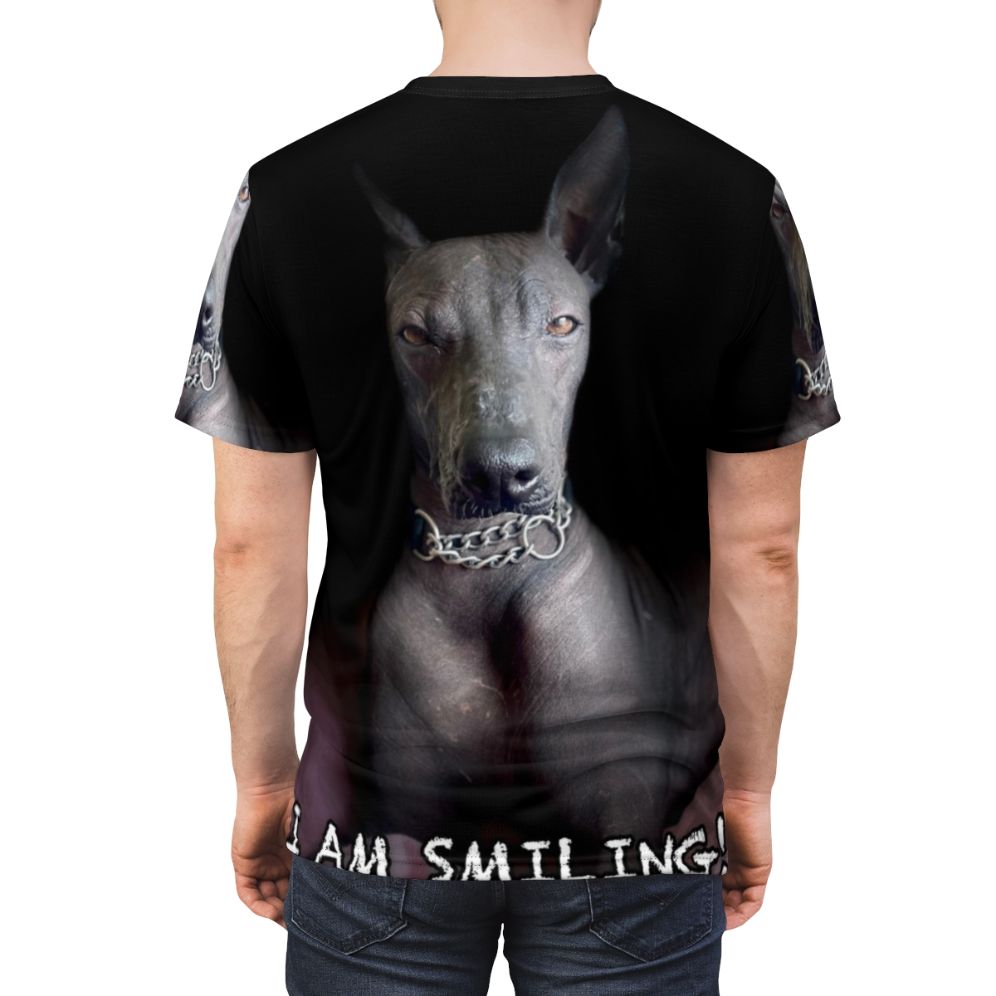 Stylish t-shirt featuring a graphic design of a Mexican Hairless dog, also known as a Xoloitzcuintle or Xolo. - men back