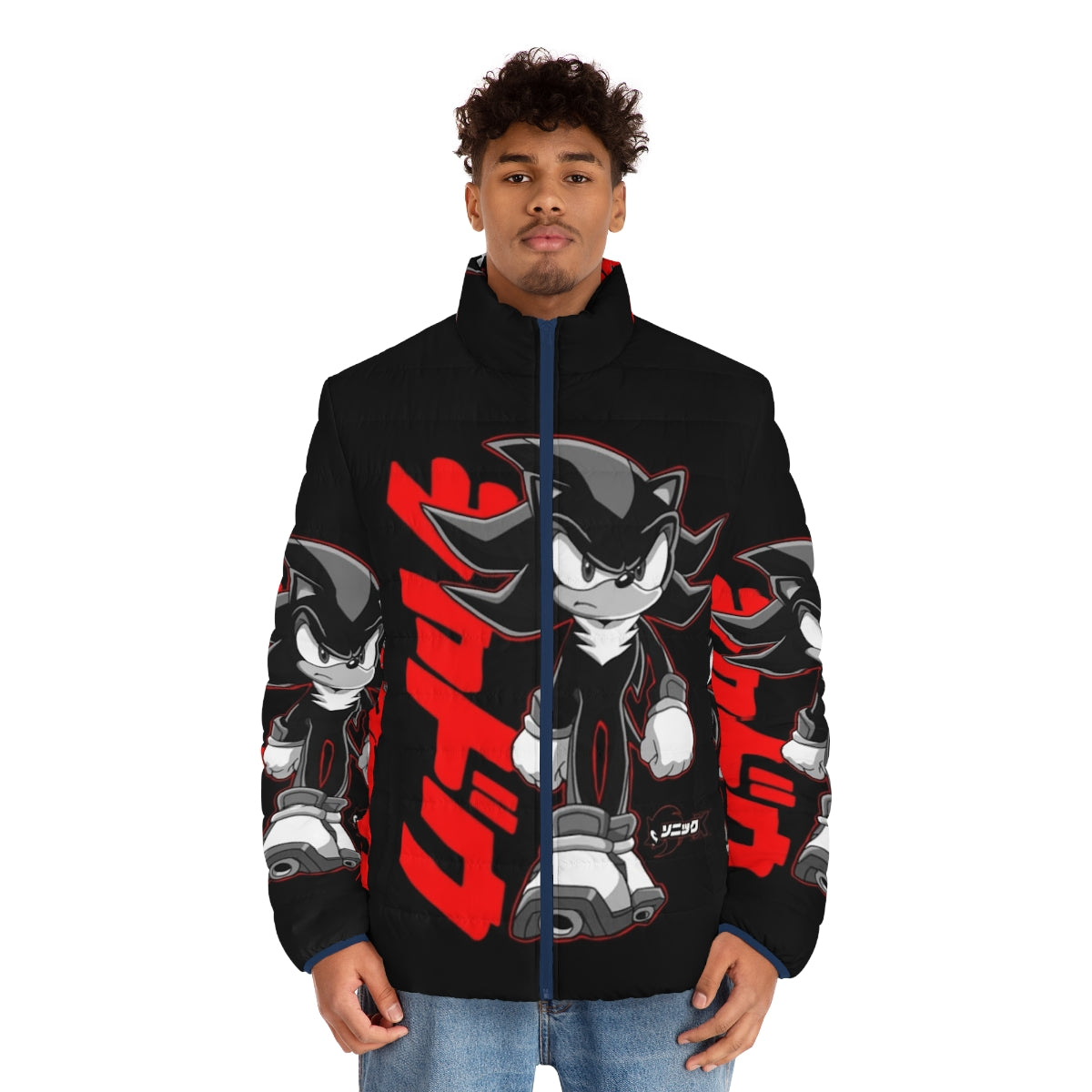 Sonic x Shadow Vintage Inspired Puffer Jacket with Retro Anime Aesthetic - men front