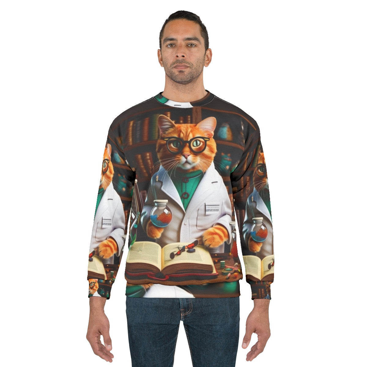 Funny cat sweatshirt with a playful design - men