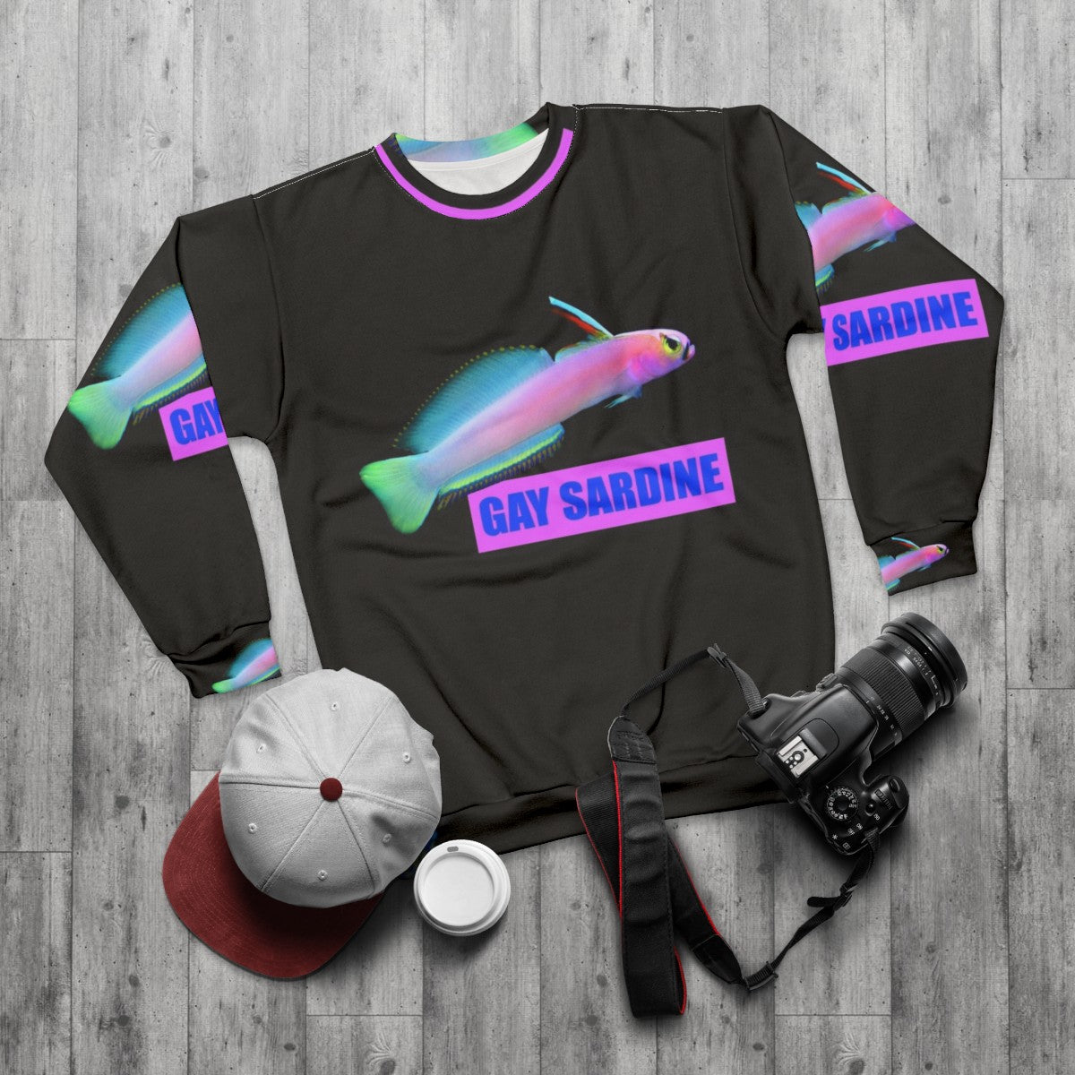 "Gay Sardine Graphic Sweatshirt for LGBT Pride" - flat lay