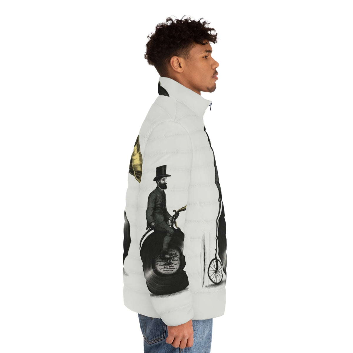 Retro puffer jacket with music, vintage, and Victorian-inspired design elements - men side right