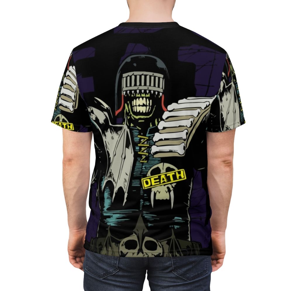 Stylized graphic design of Judge Death, a villain from the Judge Dredd comics, on a high-quality t-shirt. - men back