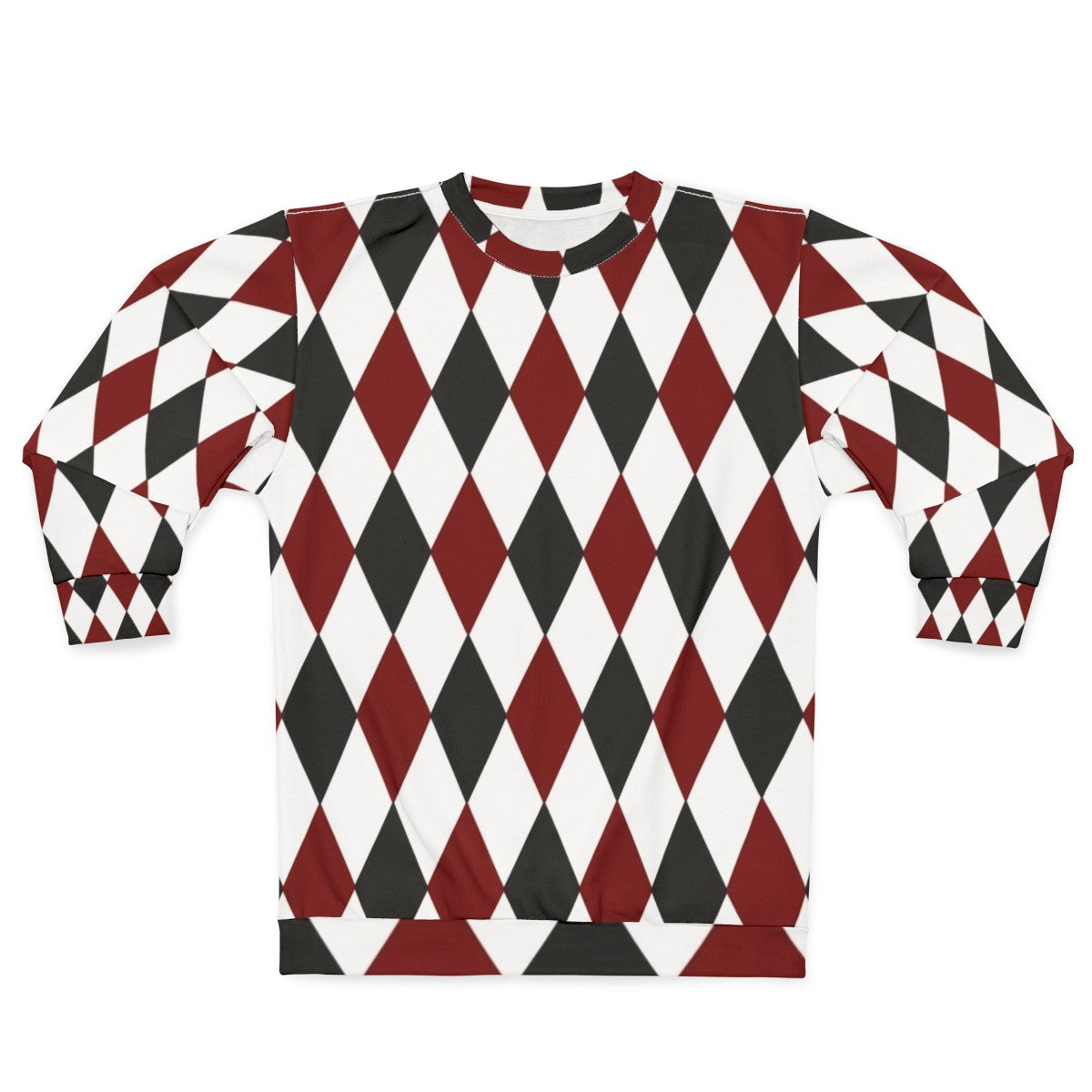 Black, white, and red harlequin diamond pattern sweatshirt