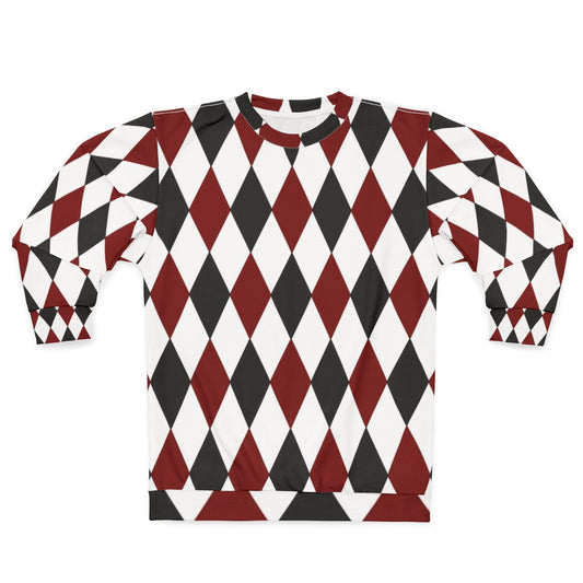 Black, white, and red harlequin diamond pattern sweatshirt