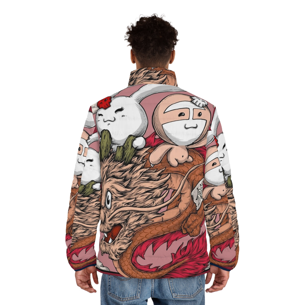 A colorful puffer jacket with a dragon, sloth, and bunny print design - men back