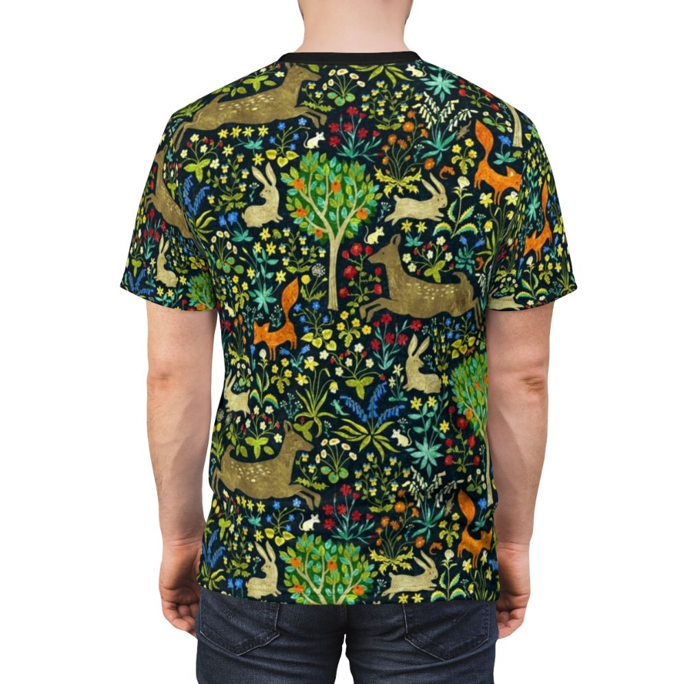 Arazzo Medievale medieval-inspired t-shirt featuring forest animals like hares, deer, and foxes in a nature-themed design - men back