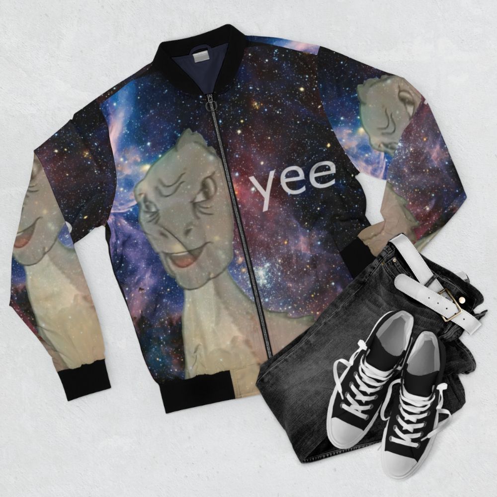 Cosmic Dinosaur Bomber Jacket with Vintage Prehistoric Meme Design - Flat lay