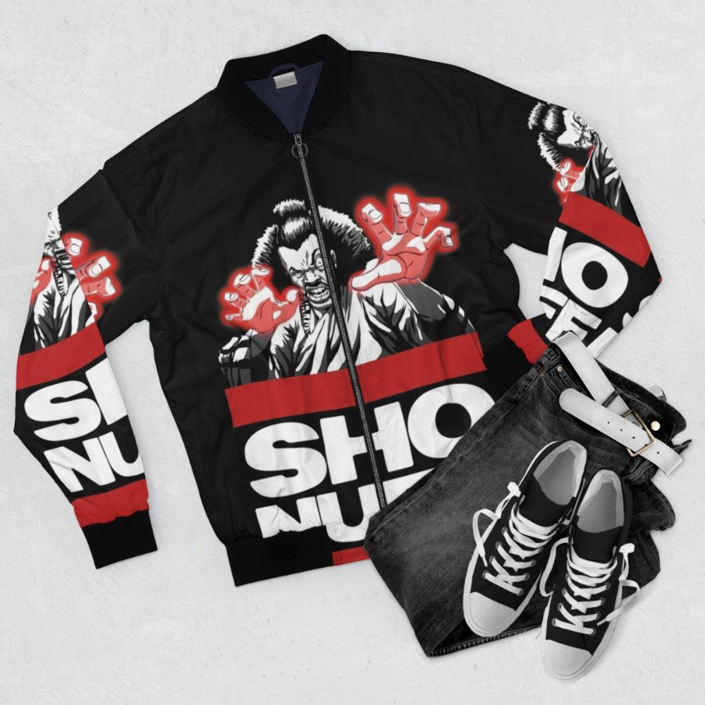 Vintage-style Shonuff bomber jacket featuring a graphic design inspired by the cult classic film "The Last Dragon" - Flat lay