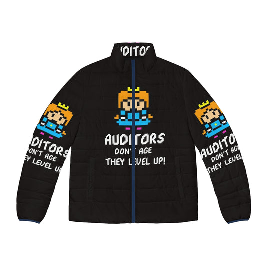 Puffer jacket with "Auditors Don't Age They Level Up" 8-bit style design