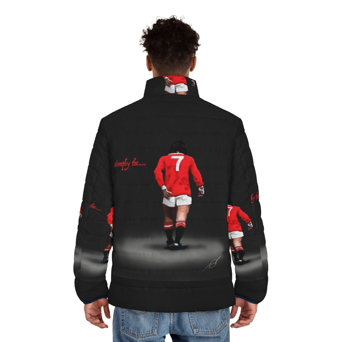 Stylish puffer jacket featuring a digital drawing of football legend George Best - men back