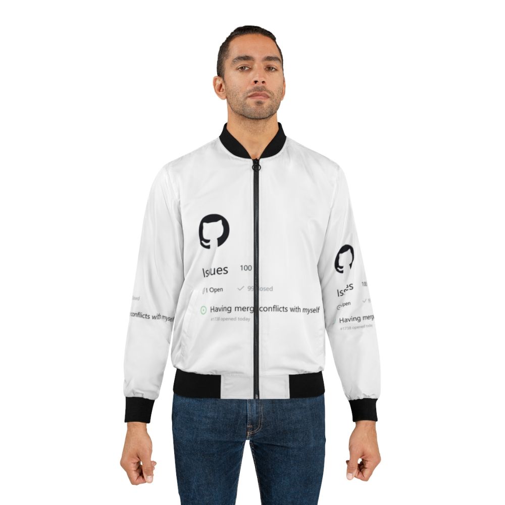 Bomber jacket with a humorous "Having Merge Conflicts with Myself" design for programmers and software engineers. - Lifestyle