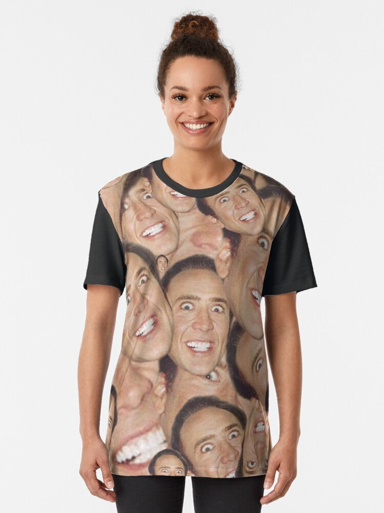 A unique graphic t-shirt featuring a collage of images of actor Nicolas Cage with his signature smile and creepy expressions. - Women