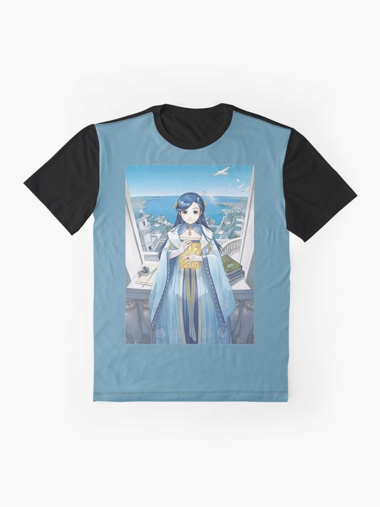 Graphic t-shirt featuring Rozemyne from the anime series Ascendance of a Bookworm, with scenic elements of the Ahrensbach castle and the ocean. - Flat lay