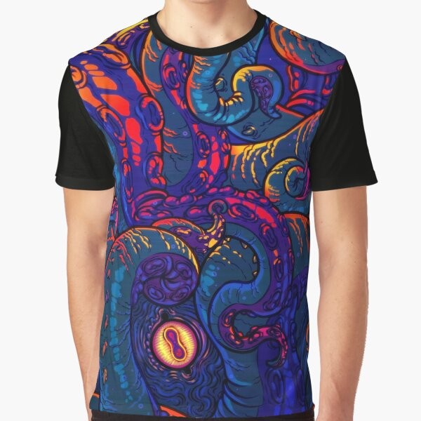 Colorful graphic t-shirt design featuring a kraken or giant squid with tentacles