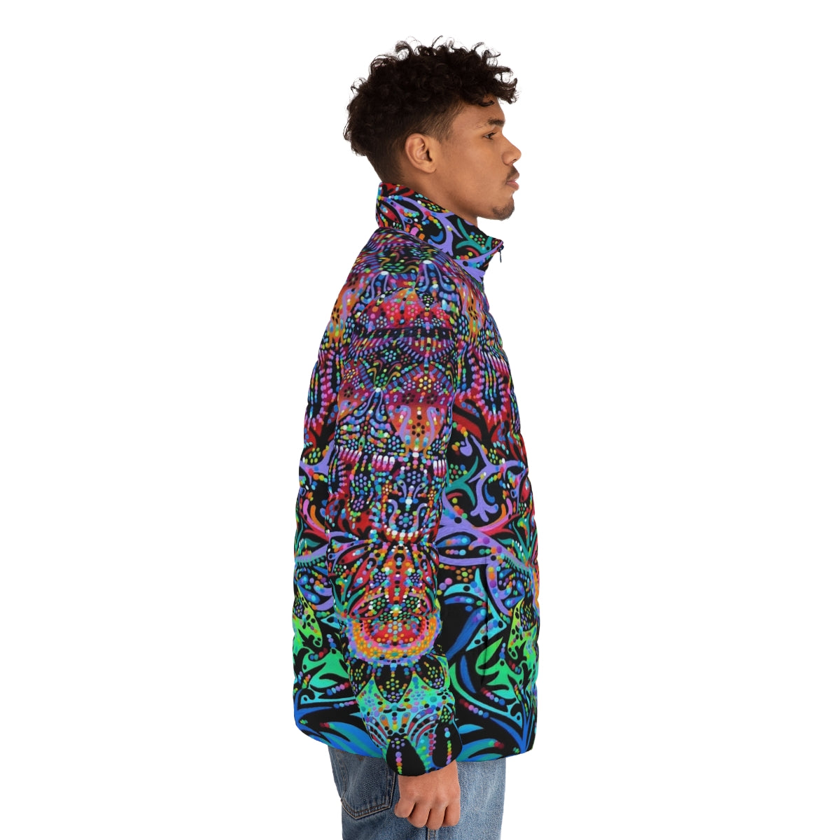 Mandala puffer jacket in vibrant colors - men side right