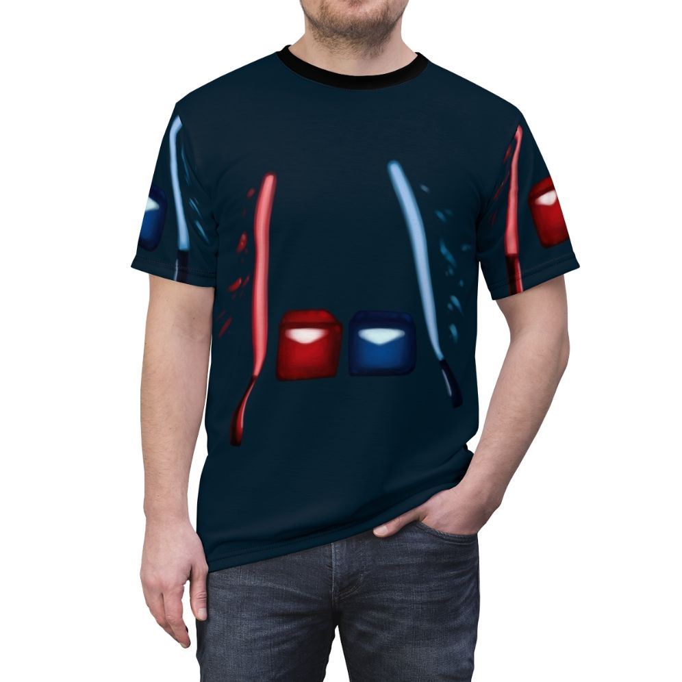 Artsy Beat Saber-inspired virtual reality gaming t-shirt - men front