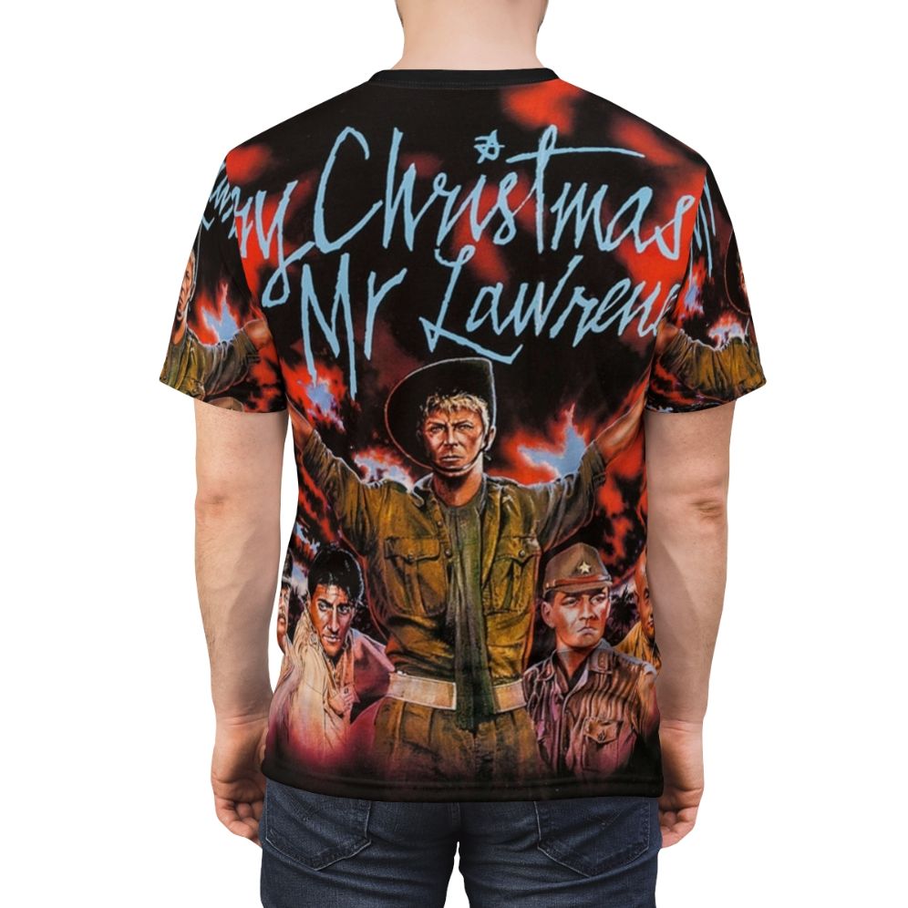 Retro-style t-shirt featuring artwork inspired by the 1983 cult Japanese film "Merry Christmas Mr. Lawrence" - men back