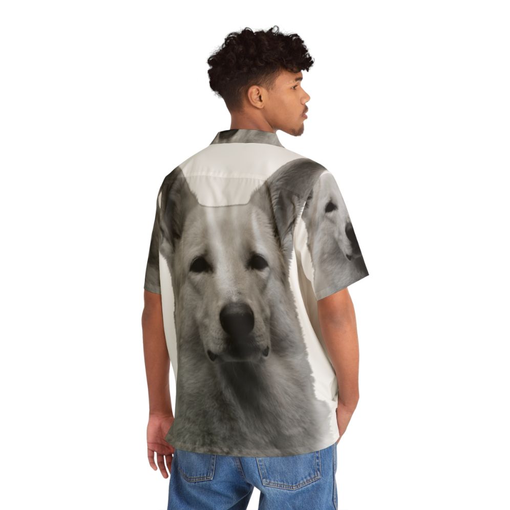 White German Shepherd wearing a Hawaiian shirt - People Back