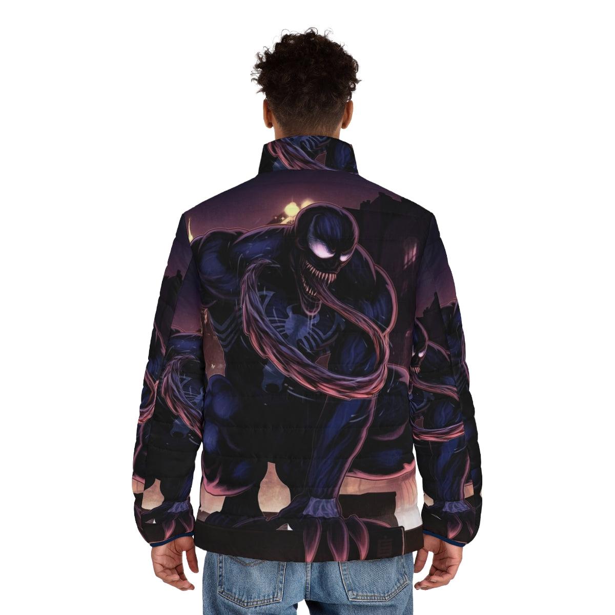 Venom-inspired puffer jacket with spider web design - men back